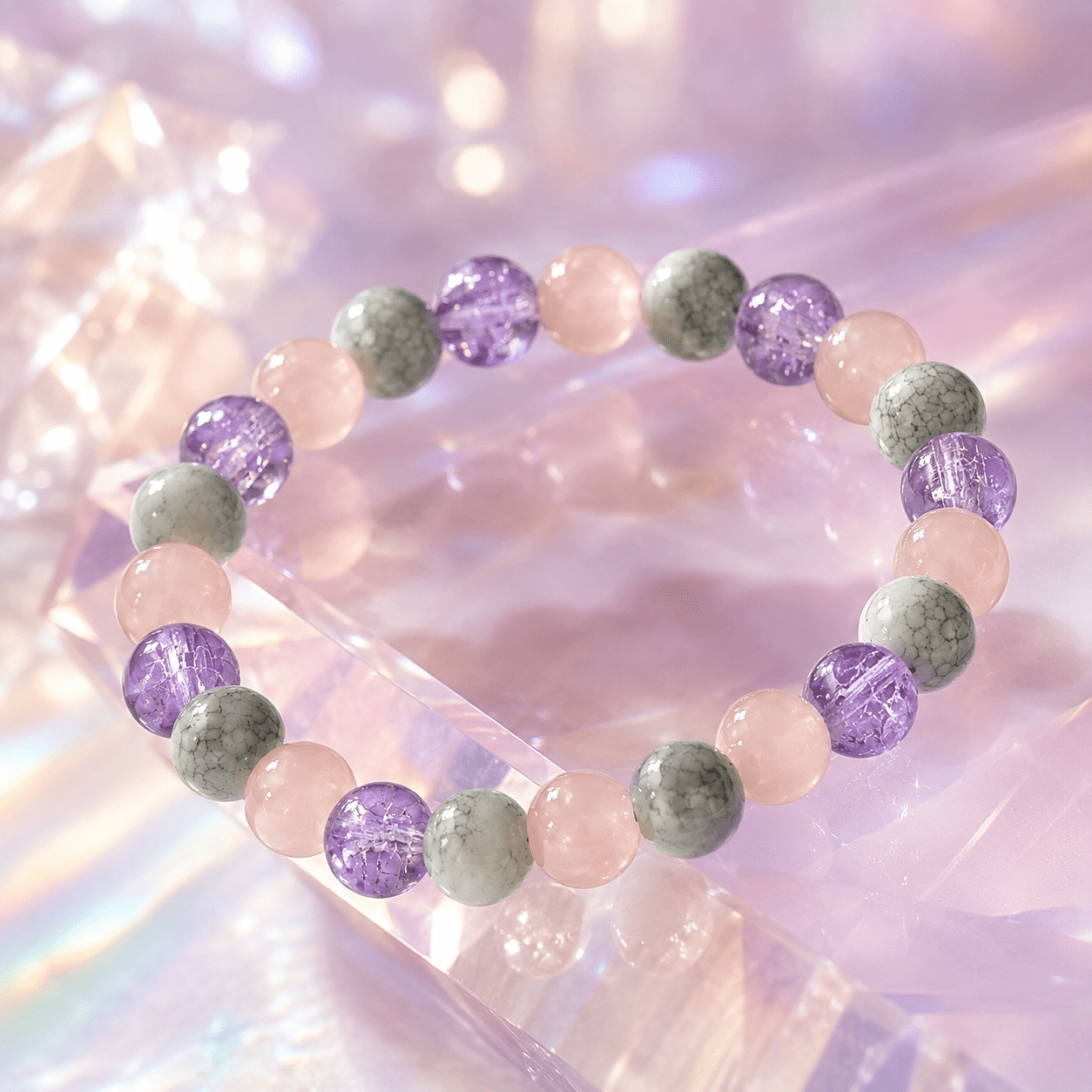 Lucky Bead Bracelet, Purple Flower & Pink Agate Design